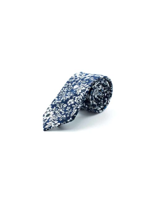 Navy with White Floral Print Woven Necktie NT2.8
