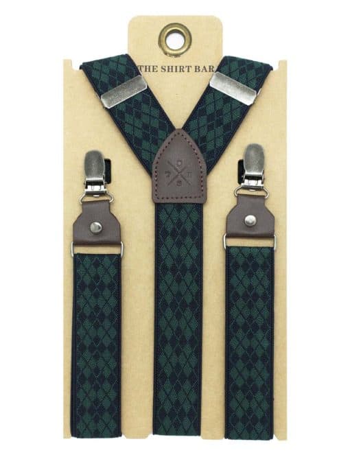Green with Navy Diamond Single Clip Back 3cm Suspender with Leather SPD21.4