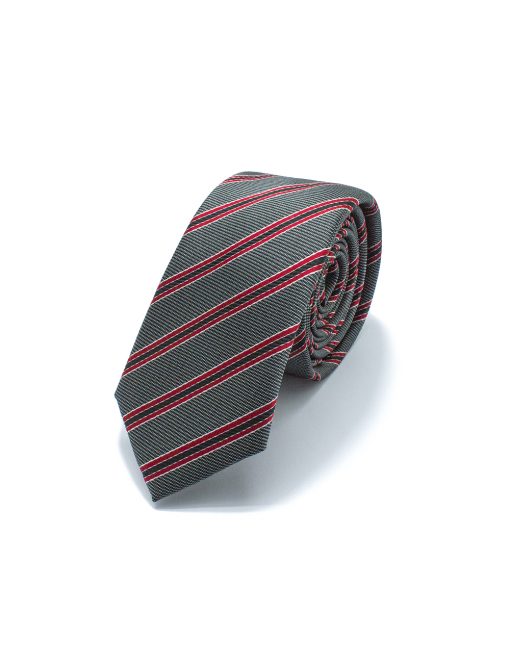Grey with Red and Black Stripes Woven Necktie - NT51.4
