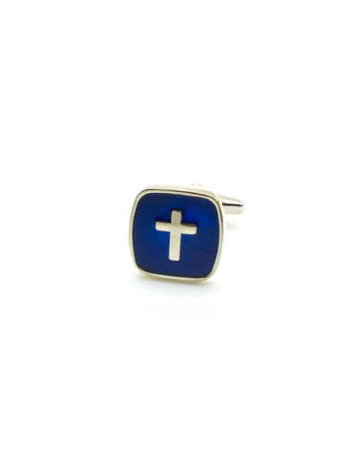 Silver Cross in Blue Enamel Square Cufflink C231NF-044B
