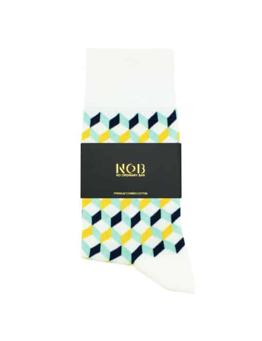 White with Yellow Geometric Design Crew Socks made with Premium Combed Cotton SOC6A.NOB1