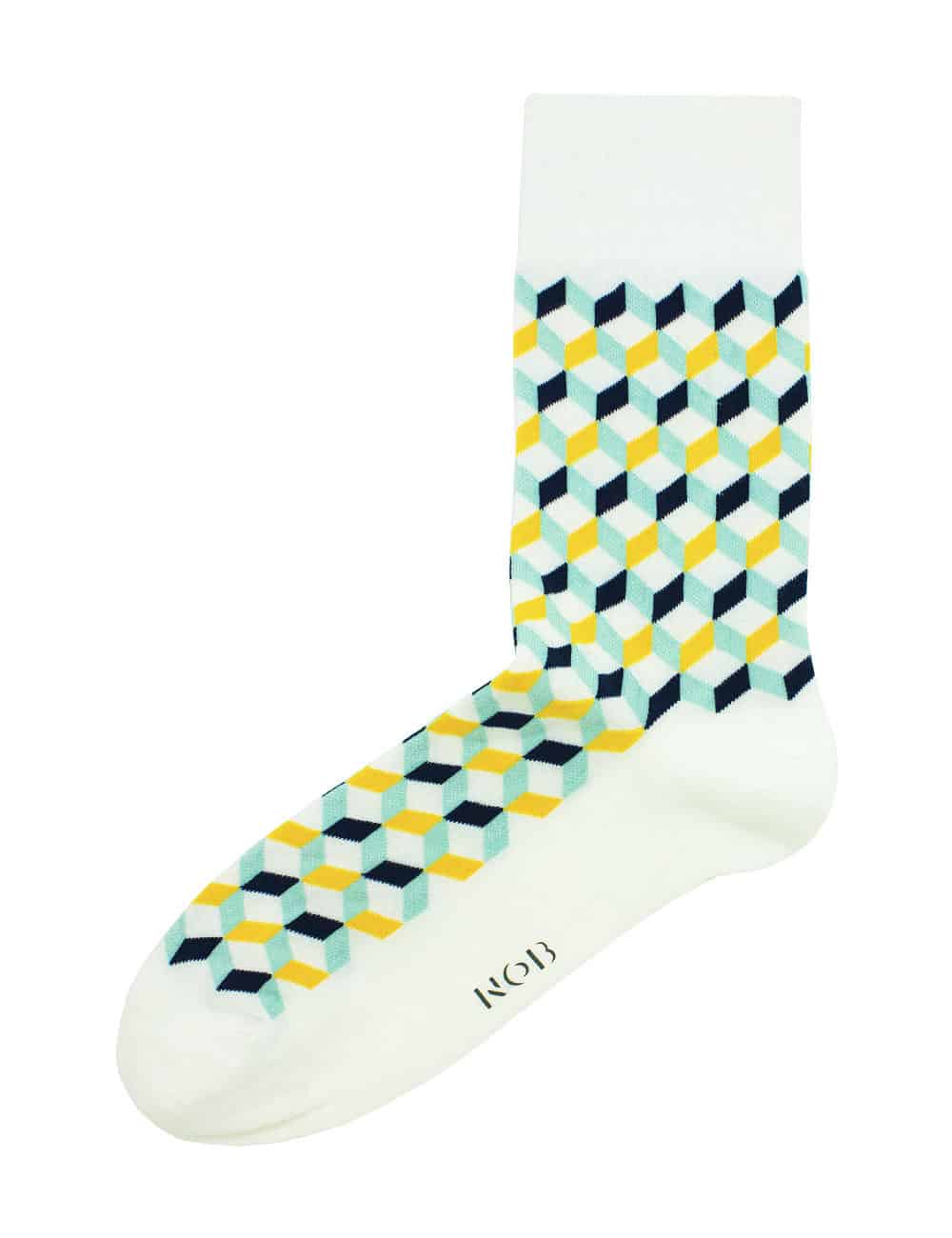 White with Yellow Geometric Design Crew Socks made with Premium Combed Cotton SOC6A.NOB1
