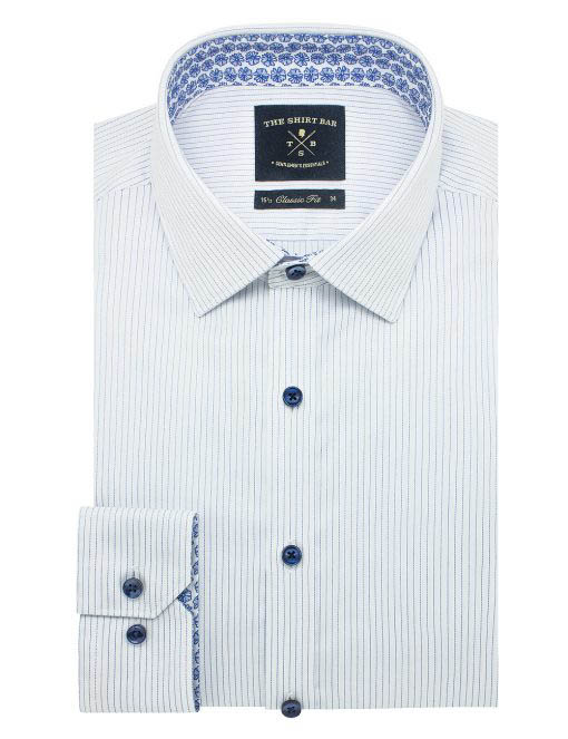 White With Blue Stripes Wrinkle Free Modern / Classic Fit Long Sleeve Shirt - CF2A9.23