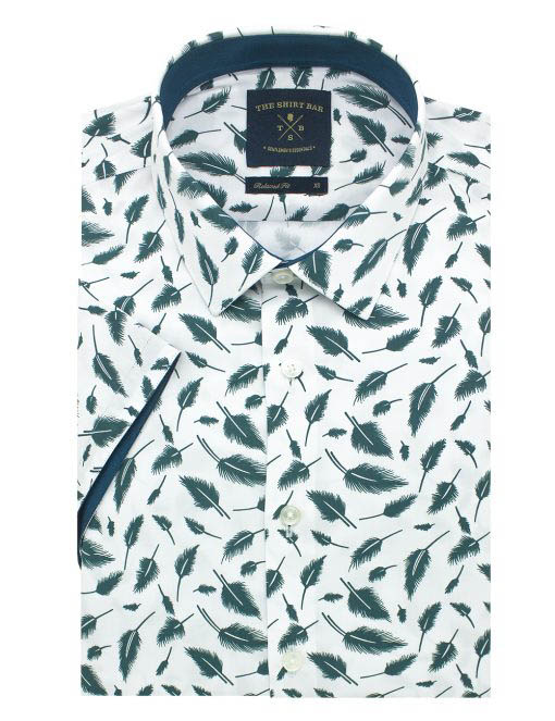 Green Feather Print Eco-ol Bamboo Slim / Tailored Fit Short Sleeve Shirt - RF9SF4.26