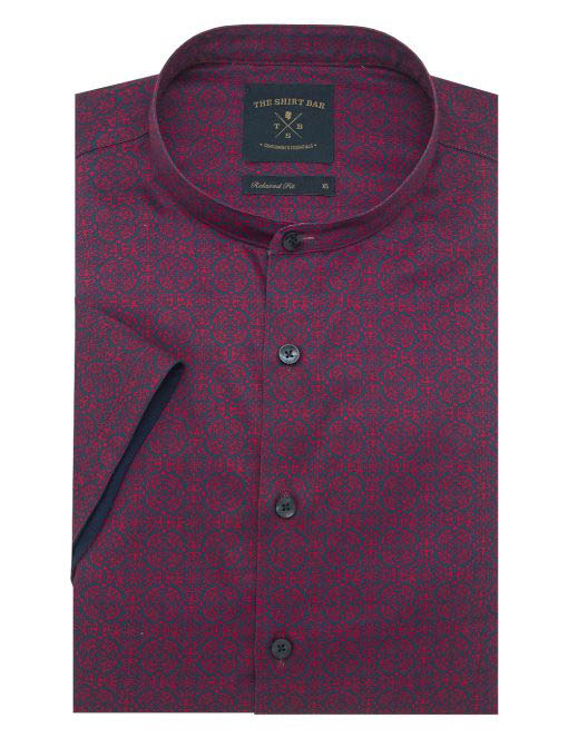 SG Inspired Red Tile Print Mandarin Collar Silky Finish Custom / Relaxed Fit Short Sleeve Shirt - RF11SF1.26