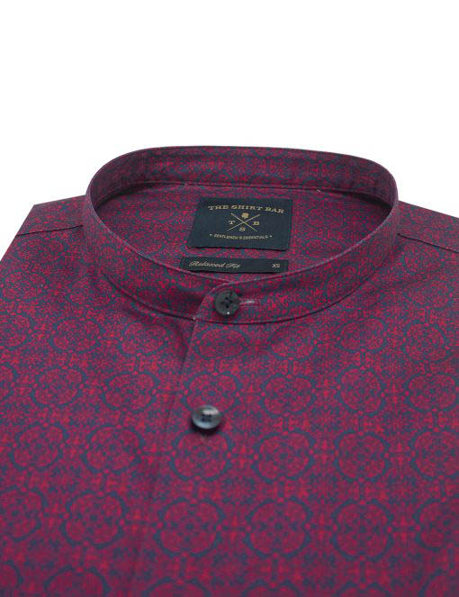 SG Inspired Red Tile Print Mandarin Collar Silky Finish Custom / Relaxed Fit Short Sleeve Shirt - RF11SF1.26
