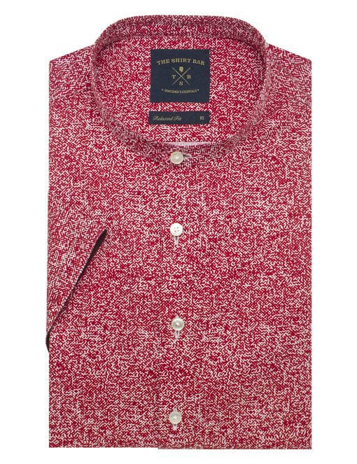 Red Abstract Print Mandarin Collar Silky Finish Custom / Relaxed Fit Short Sleeve Shirt - RF11SF2.26