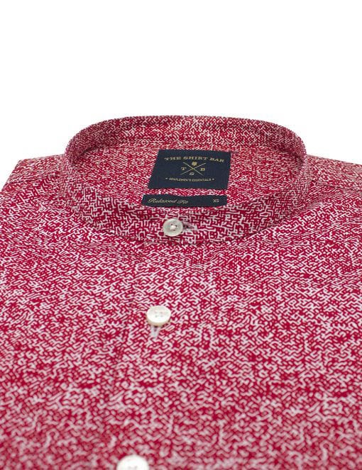 Red Abstract Print Mandarin Collar Silky Finish Custom / Relaxed Fit Short Sleeve Shirt - RF11SF2.26